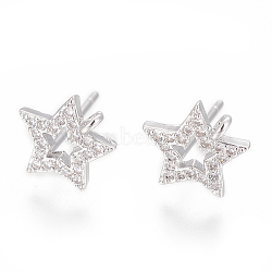 Brass Stud Earring Findings, with Cubic Zirconia and Loop, Star, Clear, Platinum, 10.5x10mm, Hole: 1.2mm, Pin: 0.8mm(X-ZIRC-O034-17P)