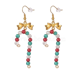 Glass Christmas Candy Cane with Alloy Bowknot Dangle Earrings, Gold Plated Brass Jewelry for Women, Colorful, 69mm, Pin: 0.8mm(EJEW-JE04971-01)