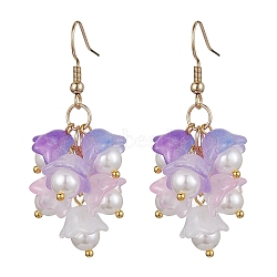 Glass Flower Dangle Earrings, Shell Pearl Cluster Earrings with 304 Stainless Steel Pins, Blue Violet, 50x10mm(EJEW-JE05661-02)