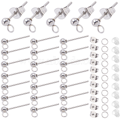 150Pcs 202 Stainless Steel Ball Stud Earring Findings, with 304 Stainless Steel Pins and Vertical Loop, 150Pcs Jump Rings, 300Pcs Ear Nuts, Stainless Steel Color, 14mm, Hole: 2mm, Pin: 0.7mm(STAS-SP0001-52A-P)