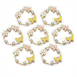 Rack Plating Alloy Enamel Pendants, with Crystal AB Rhinestone, Cadmium Free & Nickel Free & Lead Free, Light Gold, Flower with Butterfly, Yellow, 28x28x3mm, Hole: 1.8mm(ENAM-N055-052B)