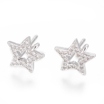 Brass Stud Earring Findings, with Cubic Zirconia and Loop, Star, Clear, Platinum, 10.5x10mm, Hole: 1.2mm, Pin: 0.8mm