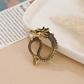 Dragon Men's Alloy Brooch for Backpack Clothes, with Plastic Beads, Antique Golden, 33x26mm