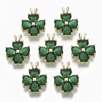 Glass Pendants, with Brass Findings, Faceted, Clover, Light Gold, Green, 18.5x13.5~14.5x4.5mm, Hole: 2mm