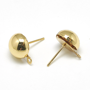 Brass Stud Earring Findings, with Loop, Half Round, Real 18K Gold Plated, 13x10mm, Hole: 1mm, Pin: 0.8mm