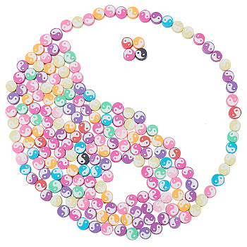 SUNNYCLUE 200Pcs Yin Yang Style Handmade Polymer Clay Beads, with 1 Roll Clear Elastic Crystal Thread, for Stretch Bracelets Making Kits, Mixed Color, 9.5x9.5x10mm, Hole: 2mm