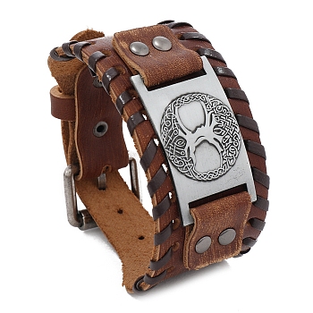 Imitation Leather Braided Bracelets, with Tree of Life Metal Buckle, for Men, Sienna, 10-7/8x1-1/2 inch(27.5x3.8cm)