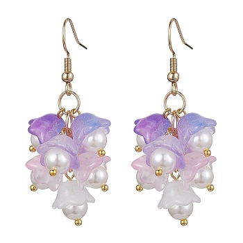 Glass Flower Dangle Earrings, Shell Pearl Cluster Earrings with 304 Stainless Steel Pins, Blue Violet, 50x10mm