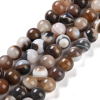 Natural Striped Agate/Banded Agate Beads Strands, Dyed, Round, Camel, 10mm, Hole: 1.2mm, about 19pcs/strand, 7.60''(19.3cm)