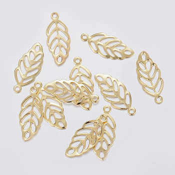 304 Stainless Steel Charms, Leaf, Real 18k Gold Plated, 13x5.5x0.3mm, Hole: 0.8~1mm