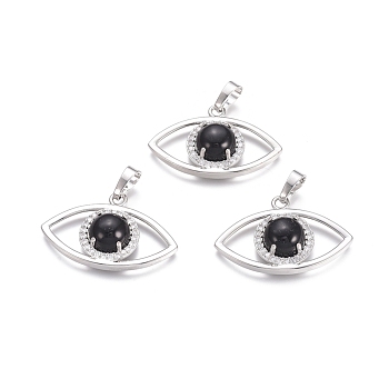 Natural Black Agate Pendants, with Platinum Tone Brass Findings and Crystal Rhinestone, Eye, 21.5x33.3x7.5mm, Hole: 7x5mm
