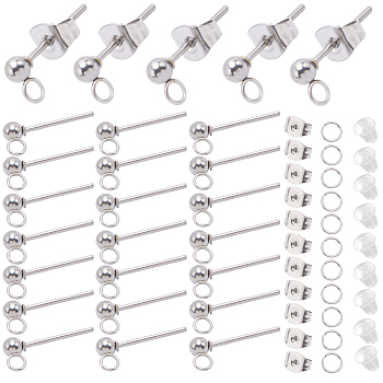 150Pcs 202 Stainless Steel Ball Stud Earring Findings, with 304 Stainless Steel Pins and Vertical Loop, 150Pcs Jump Rings, 300Pcs Ear Nuts, Stainless Steel Color, 14mm, Hole: 2mm, Pin: 0.7mm