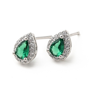 Green Cubic Zirconia Teardrop Stud Earrings, Rack Plating Brass Jewelry for Women, Platinum, 9x7mm, Pin: 0.8mm