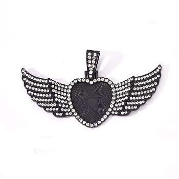 Alloy Pendant Cabochon Settings, with Crystal Rhinestone, Cadmium Free & Lead Free, Heart with Wing, Electrophoresis Black, Tray: 23x25mm, 38.5x88x5mm, Hole: 16x5mm