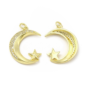 Brass Micro Pave Cubic Zirconia Pendants, with Jump Ring, Moon & Star Charm, Golden, 24x19x3.6mm, Hole: 2.5mm