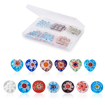 Cheriswelry 130Pcs Handmade Millefiori Lampwork Beads Strands, Heart & Flat Round, Mixed Color, 10x10x4mm, Hole: 0.8~1.5mm