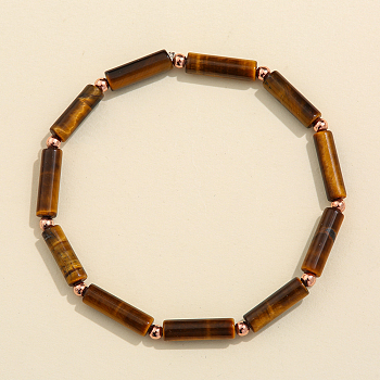 Column Natural Tiger Eye Beads Stretch Bracelets for Women Men, with Beass Beads, 6-7/8 inch(17.5cm)