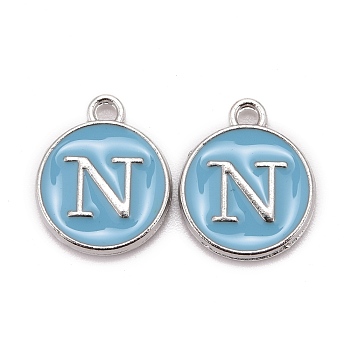 Platinum Plated Alloy Enamel Charms, Cadmium Free & Lead Free, Enamelled Sequins, Flat Round with Letter, Sky Blue, Letter.N, 14x12x2mm, Hole: 1.5mm