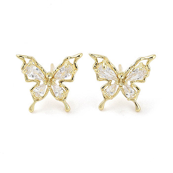 Butterfly Brass Stud Earrings with Glass for Women, Real 18K Gold Plated, 15x17mm