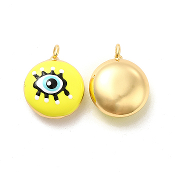 Brass Enamel Charms, Real 18K Gold Plated, Long-Lasting Plated, Flat Round with Evil Eye, Yellow, 19x15.5x8mm, Hole: 2mm