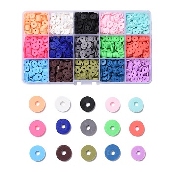 150G 15 Colors Handmade Polymer Clay Beads, Heishi Beads, for DIY Jewelry Crafts Supplies, Disc/Flat Round, Mixed Color, 8x1mm, Hole: 2mm, 10g/color