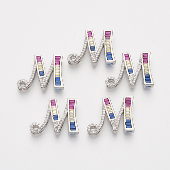 Brass Cubic Zirconia Slide Charms, Real Platinum Plated, Colorful, Letter, Letter.M, 18.5x24x5mm, Hole: 1x1mm and 1x9.5mm