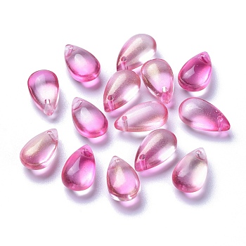 Transparent Glass Charms, Dyed & Heated, Teardrop, Hot Pink, 13.5x8x5.5mm, Hole: 1mm
