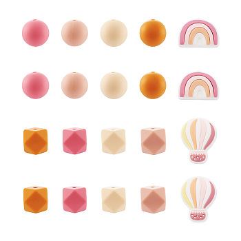 50Pcs 10 Style Food Grade Eco-Friendly Silicone Beads, Chewing Beads For Teethers, DIY Nursing Necklaces Making, Round & Octagon & Hot Air Balloon & Rainbow Shaped, Mixed Color, 14~28x14~25x9~14mm, Hole: 2~3mm, 5pcs/style
