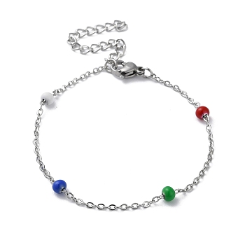 304 Stainless Steel Cable Chain Bracelet with Enamel Rondelle Beaded, Satellite Chains Bracelet, Colorful, 6-1/4 inch(16cm)