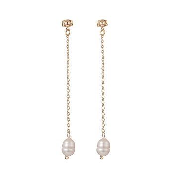 Natural Pearl Dangle Stud Earrings, Golden Brass Chain Tassel Earrings for Women, Oval, 72mm, Pin: 0.7mm
