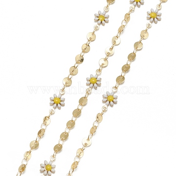 Handmade Golden Brass Enamel Link Chains, with Spool, Soldered, Long-Lasting Plated, Flower & Flat Round, Yellow, 13x7x2mm and 4x0.5mm, 32.8 Feet(10m)/roll(CHC-K011-19G)