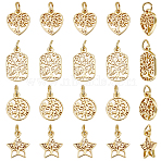24Pcs 4 Style Rack Plating Brass Charms, with Jump Ring, Lead Free & Cadmium Free, Hollow, Heart/Flat Round/Star/Rectangle with Tree of Life Charm, Real 18K Gold Plated, 12~13x10~10.5x1.5mm, Hole: 3mm, 6pcs/style(KK-BBC0009-10)