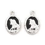 Rack Plating Alloy Black Enamel Pendants, Oval with Girl Charm, Platinum, 20x13x3mm, Hole: 1.6mm(PALLOY-Q005-11P)