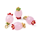 Handmade Lampwork Pendants, with Matte Gold Color Brass Findings, Fruit, with Jump Ring, Pink, 21.5~22.5x12mm, Hole: 4mm(LAMP-Z012-01G-01)