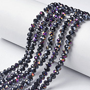 Electroplate Opaque Glass Beads Strands, Half Purple Plated, Faceted, Rondelle, Black, 4x3mm, Hole: 0.4mm, about 145pcs/strand, 18.9 inch(48cm)(X-EGLA-A034-P4mm-F01)