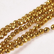 Electroplate Non-magnetic Synthetic Hematite Beads Strands, Faceted, Round, Grade AAAA, Golden Plated, 2mm, Hole: 0.5mm, about 200pcs/strand, 16 inch(G-J169B-2mm-04)