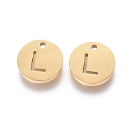 304 Stainless Steel Charms, Ion Plating (IP), Flat Round, Letter.L, 10x1.5mm, Hole: 1mm(STAS-F227-11L-G)