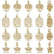 24Pcs 4 Style Rack Plating Brass Charms, with Jump Ring, Lead Free & Cadmium Free, Hollow, Heart/Flat Round/Star/Rectangle with Tree of Life Charm, Real 18K Gold Plated, 12~13x10~10.5x1.5mm, Hole: 3mm, 6pcs/style(KK-BBC0009-10)