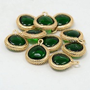 Real 18K Gold Plated Brass Glass Pendants, Triangle Charms, Green, 19x16x5.5mm, Hole: 2mm(GLAA-J043-01G)