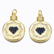 Brass Micro Pave Cubic Zirconia Pendants, with Jump Rings, Nickel Free, Flat Round with Heart, Real 16K Gold Plated, Midnight Blue, 24.5x18x3mm, Hole: 3mm(ZIRC-N039-148D-NF)