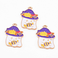 Light Gold Tone Alloy Enamel Pendants, Cadmium Free & Lead Free, Halloween, Ghost with Hat and Candy, White, 25.2x17.8x1.2mm, Hole: 1.5mm(ENAM-T018-23)