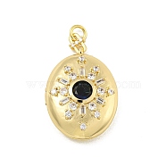 Brass Cubic Zirconia Locket Pendants, Photo Frame Charms, with Jump Ring, Real 18K Gold Plated, Dark Blue, Oval, 32.5x23x10mm, Hole: 4mm, Inner Diameter: 25x19mm(KK-N254-93A-G)