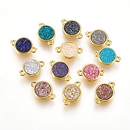 Brass Links connectors, with Druzy Resin, Flat Round, Golden, Mixed Color, 14x9.5x4mm, Hole: 1mm(KK-O107-13G)