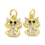 Real 18K Gold Plated Brass Pendants, with Cubic Zirconia and Glass, Cat Charms, Colorful, 12.5x9x3mm, Hole: 3mm(KK-L209-028G)