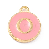 Golden Plated Alloy Enamel Charms, Enamelled Sequins, Flat Round with Alphabet, Letter.O, Pink, 14x12x2mm, Hole: 1.5mm(X-ENAM-Q437-14O)