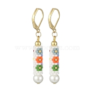 Glass Seed Braided Column with Flower Dangle Leverback Earrings, Golden 304 Stainless Steel Long Drop Earrings for Women, Colorful, 47mm, Pin: 1x0.6mm(EJEW-MZ00055)