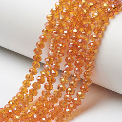 Electroplate Transparent Glass Beads Strands, Half Rainbow Plated, Faceted, Rondelle, Orange, 4x3mm, Hole: 0.4mm, about 123~127pcs/strand, 16.5~16.9 inch(42~43cm)(EGLA-A034-T4mm-H12)