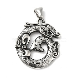 304 Stainless Steel Manual Polishing Pendants, Dragon Charms, Antique Silver, 38x33x3.5mm, Hole: 4.5x8.5mm(STAS-G274-04AS)