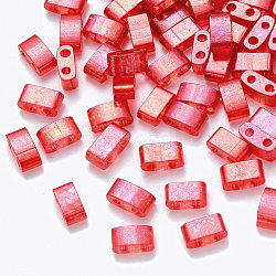 2-Hole Baking Painted Transparent Glass Seed Beads, AB Color Plated, Rectangle, Red, 4.5~5.5x2x2~2.5mm, Hole: 0.5~0.8mm, about 250pcs/10g(X-SEED-S031-M-254)
