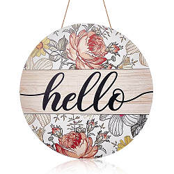 Wood Hanging Hello Sign, for Front Door, Porch, Flower Pattern, 425mm(AJEW-WH0283-81)